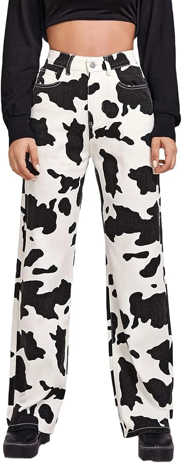 lisenraIn Women High Waist Cow Print Pants Straight Wide Leg Cowgirl Denim Jeans Casual Halloween Trousers with Pockets