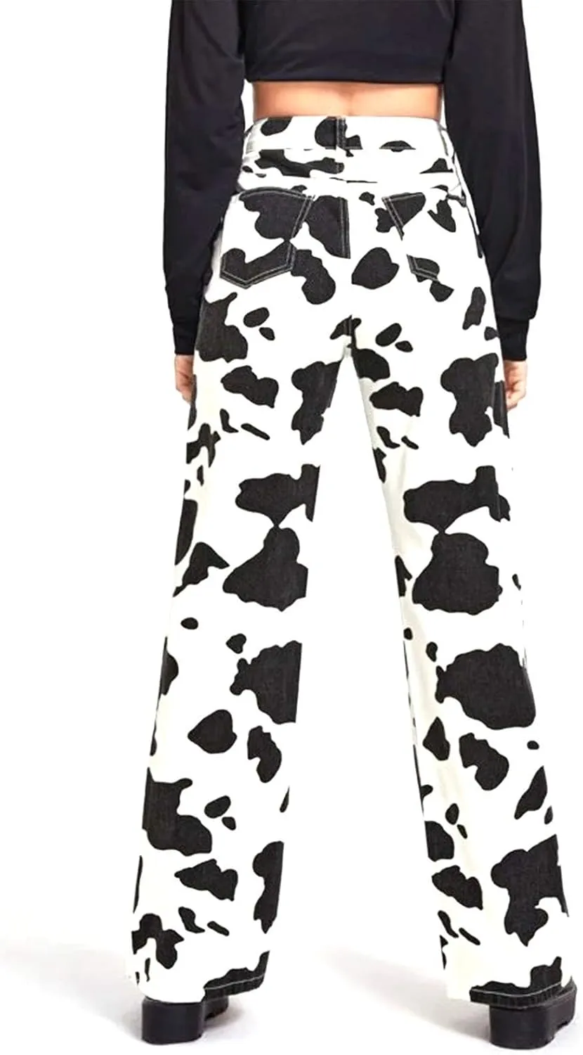 lisenraIn Women High Waist Cow Print Pants Straight Wide Leg Cowgirl Denim Jeans Casual Halloween Trousers with Pockets