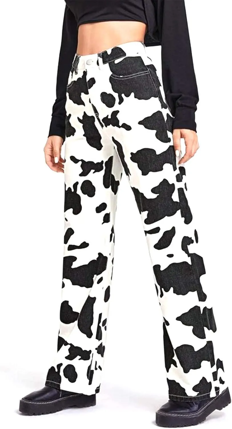lisenraIn Women High Waist Cow Print Pants Straight Wide Leg Cowgirl Denim Jeans Casual Halloween Trousers with Pockets