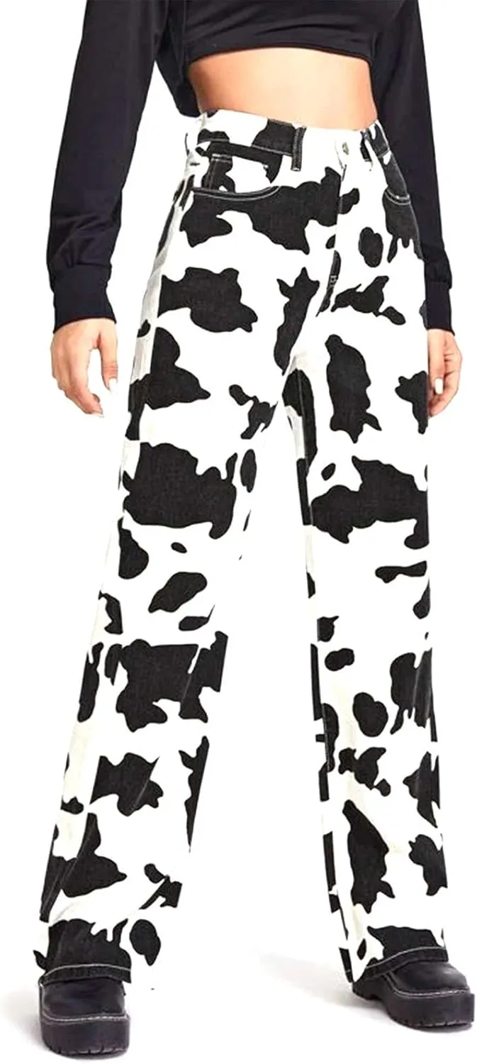 lisenraIn Women High Waist Cow Print Pants Straight Wide Leg Cowgirl Denim Jeans Casual Halloween Trousers with Pockets