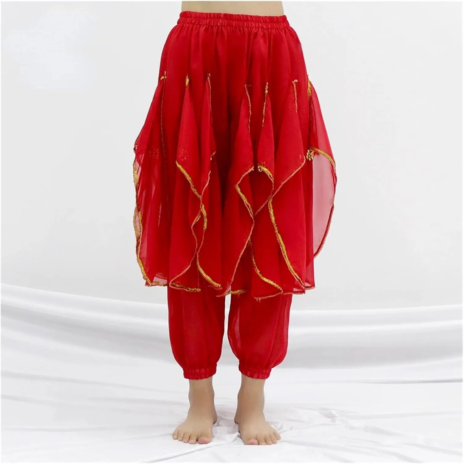 Long Chiffon Belly Dance Harem Pants Halloween Pants with Gold Trim Women Dancing Pants(Green)