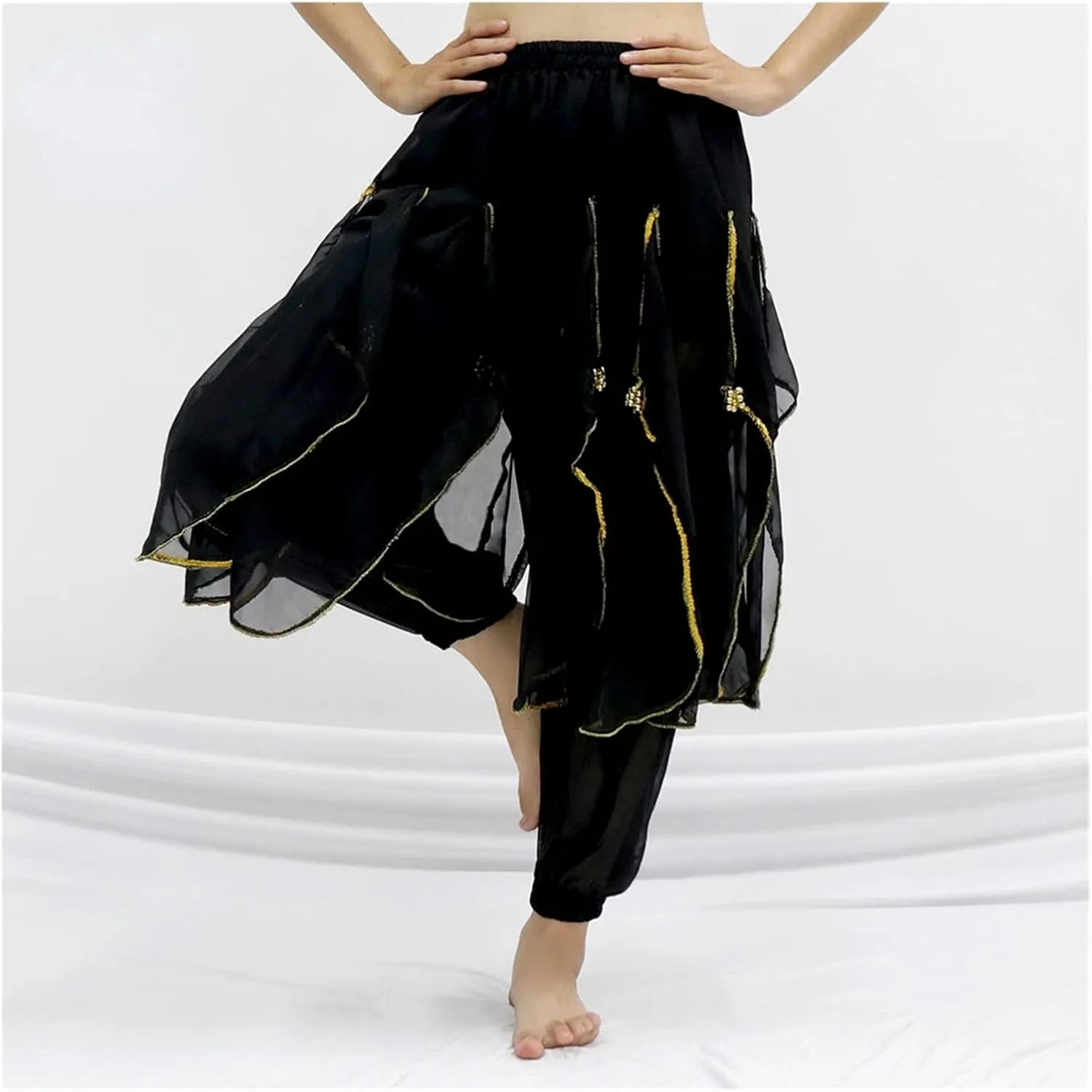 Long Chiffon Belly Dance Harem Pants Halloween Pants with Gold Trim Women Dancing Pants(Green)