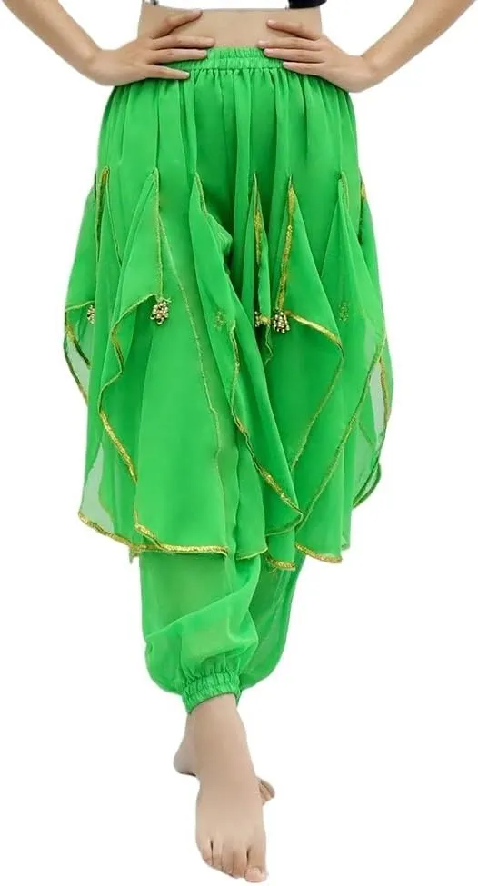 Long Chiffon Belly Dance Harem Pants Halloween Pants with Gold Trim Women Dancing Pants(Green)