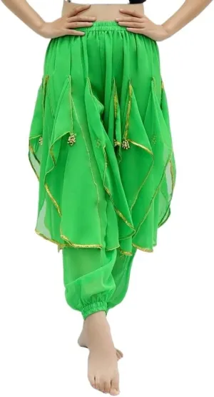 Long Chiffon Belly Dance Harem Pants Halloween Pants with Gold Trim Women Dancing Pants(Green)