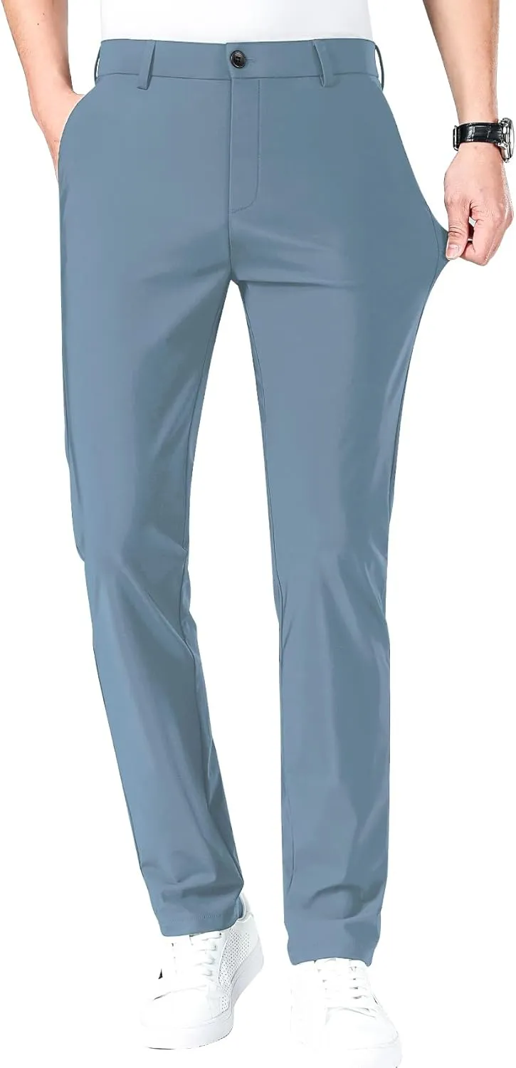LUSHENUNI Men's Golf Pants Slim High Stretch, Ice Silk Dress Pants with Expandable-Waist Pants