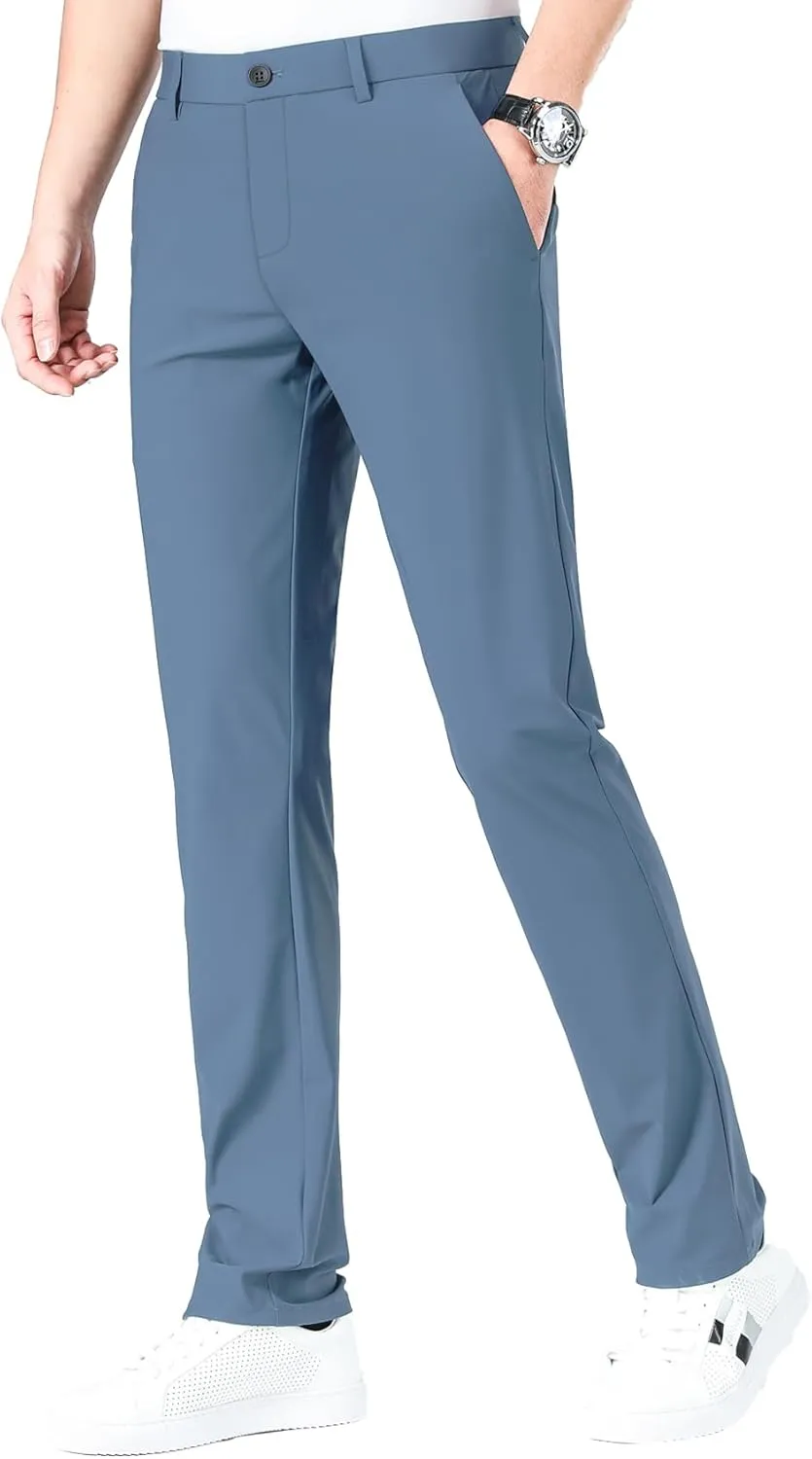 LUSHENUNI Men's Golf Pants Slim High Stretch, Ice Silk Dress Pants with Expandable-Waist Pants