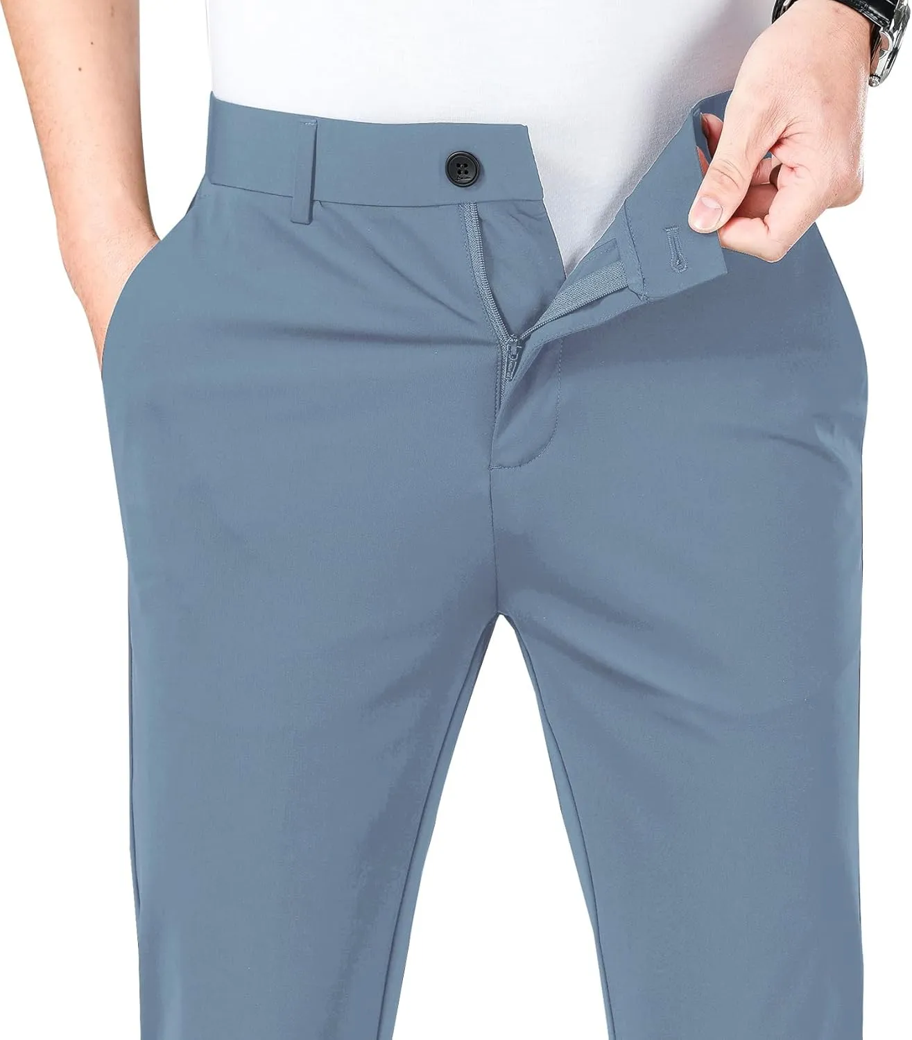 LUSHENUNI Men's Golf Pants Slim High Stretch, Ice Silk Dress Pants with Expandable-Waist Pants