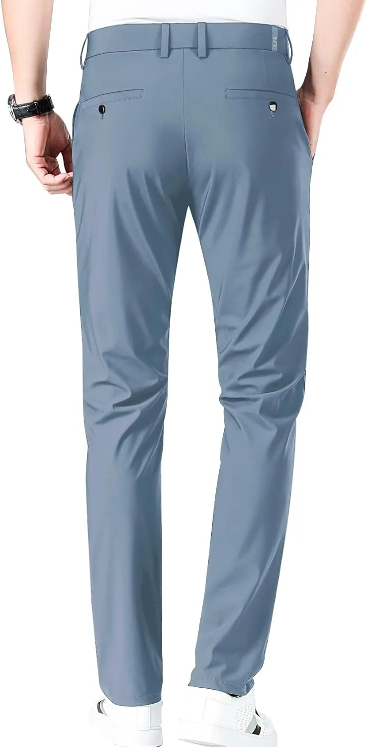 LUSHENUNI Men's Golf Pants Slim High Stretch, Ice Silk Dress Pants with Expandable-Waist Pants