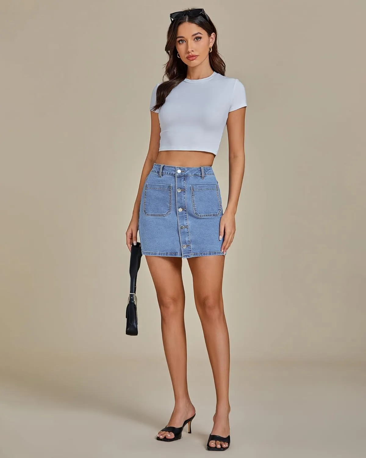 luvamia Jean Skirts for Women Denim High Waisted Trendy Stretchy Mini Button Front Short Pencil Skirt with Patch Pockets