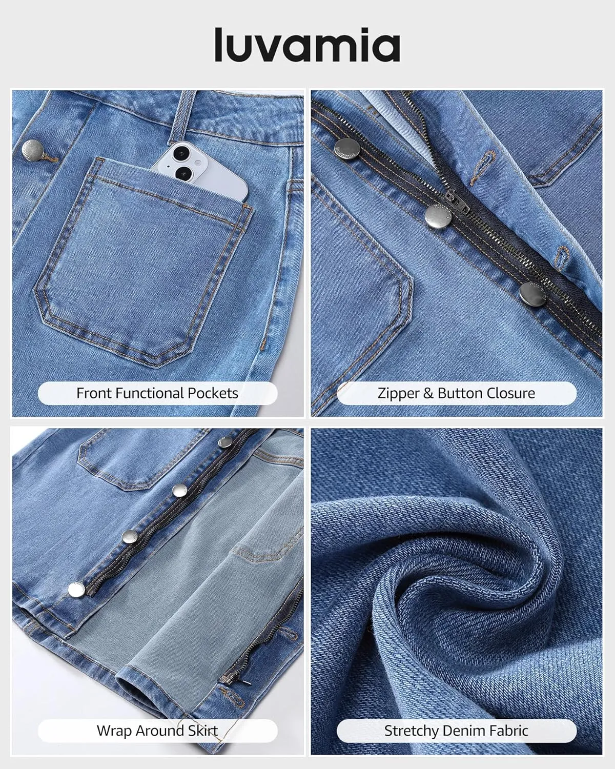 luvamia Jean Skirts for Women Denim High Waisted Trendy Stretchy Mini Button Front Short Pencil Skirt with Patch Pockets
