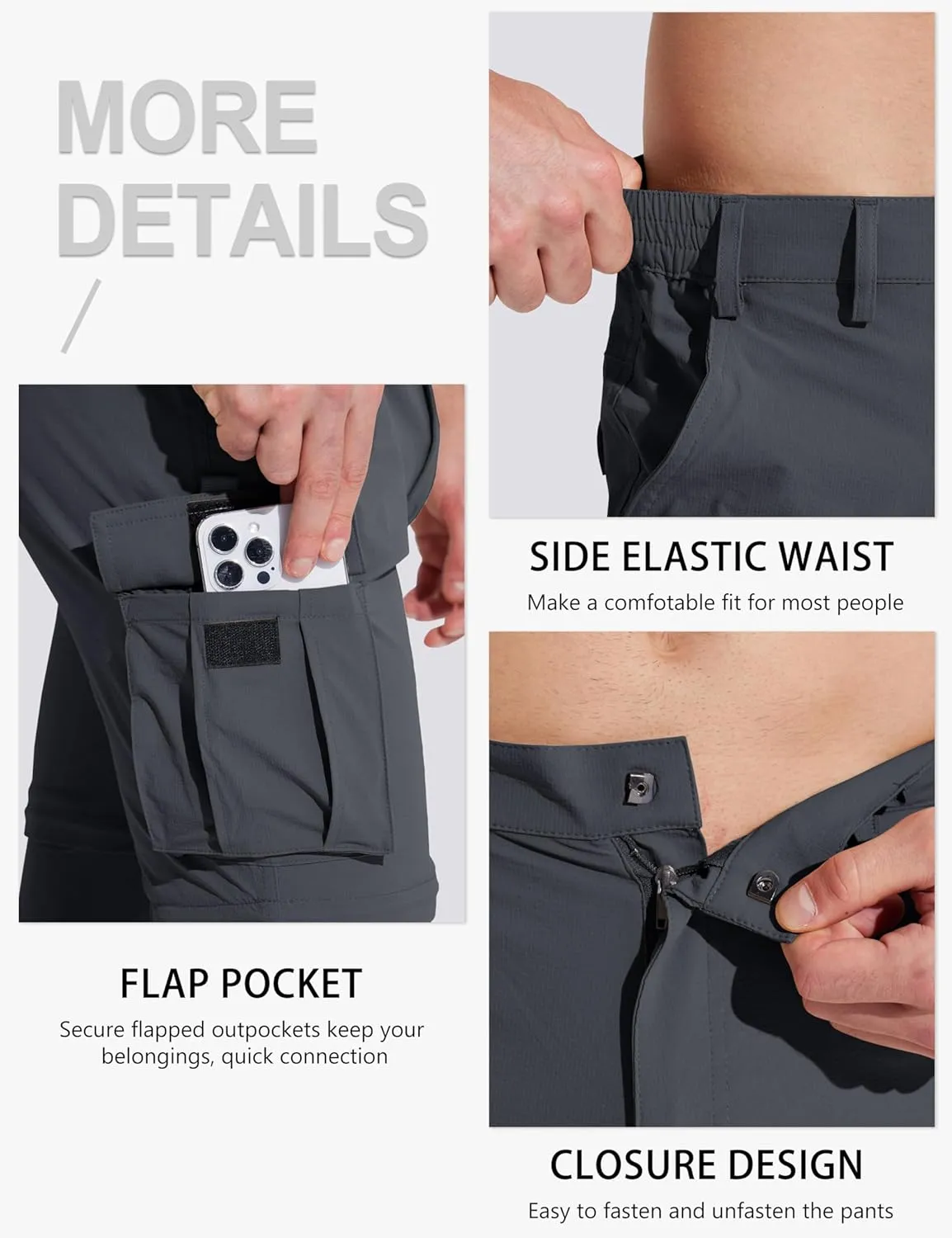MAGCOMSEN Mens Hiking Convertible Pants 5 Pockets Zip Off Lightweight Water Resistant Quick Dry Side Elastic Travel Pant