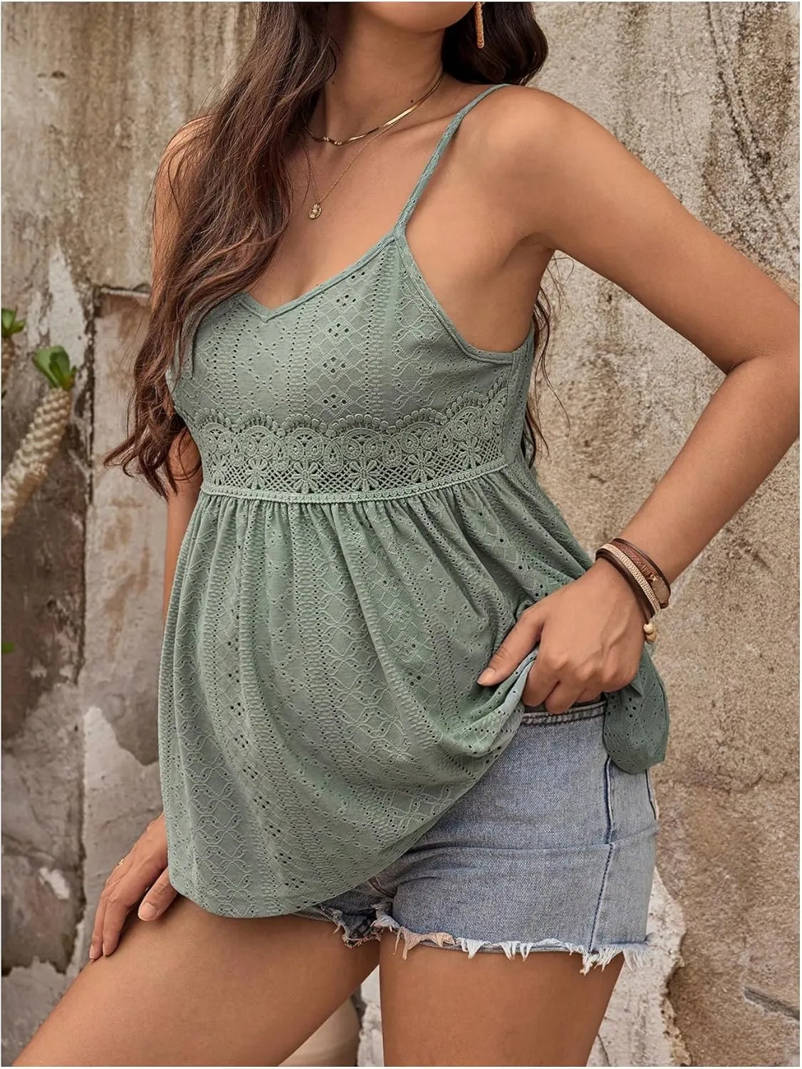 MakeMeChic Women's Maternity Cami Top Lace Eyelet Embroidery V Neck Ruffle Pregnancy Tank Tops