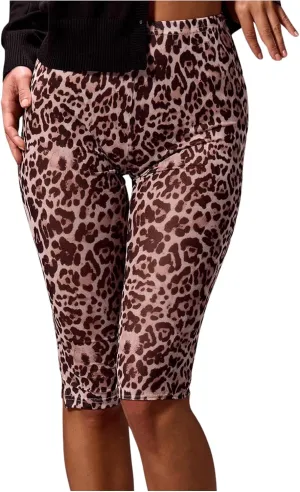 MakeMeChic Women's Mesh Leopard Print Knee Length Capri Leggings Stretch Y2k Pants