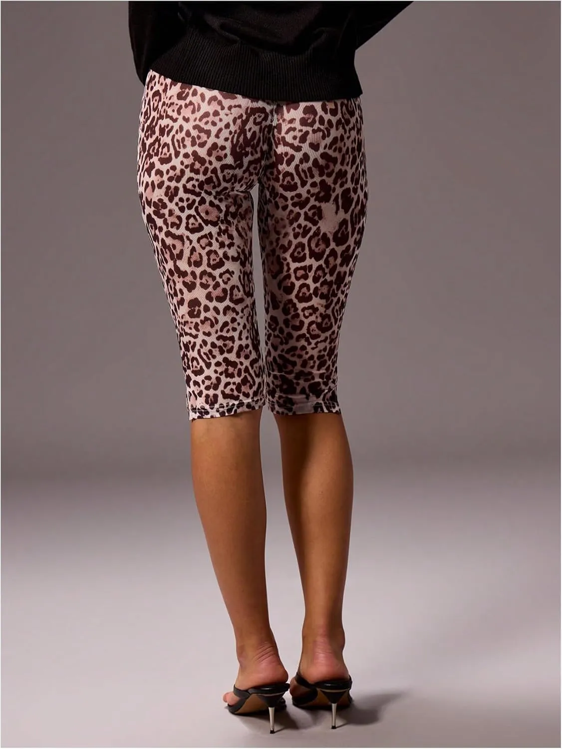 MakeMeChic Women's Mesh Leopard Print Knee Length Capri Leggings Stretch Y2k Pants