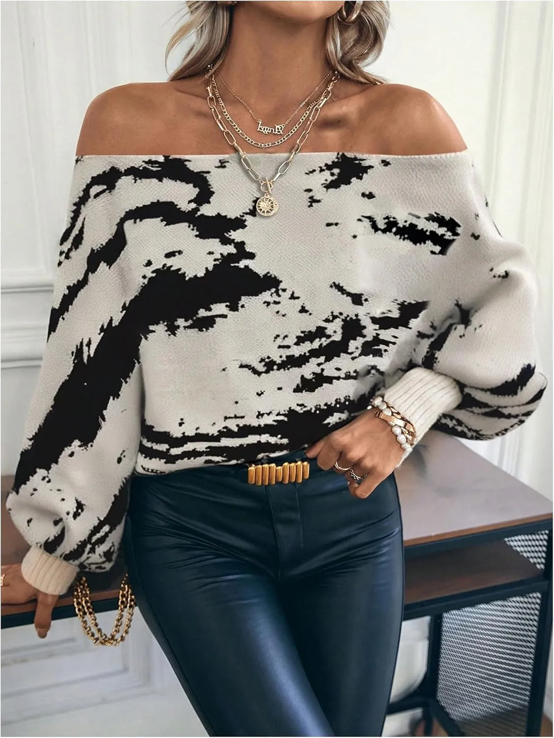 MakeMeChic Women's Stripes Pattern Long Sleeve Boat Neck Loose Fit Casual Pullover Sweater Tops