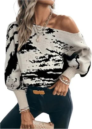 MakeMeChic Women's Stripes Pattern Long Sleeve Boat Neck Loose Fit Casual Pullover Sweater Tops