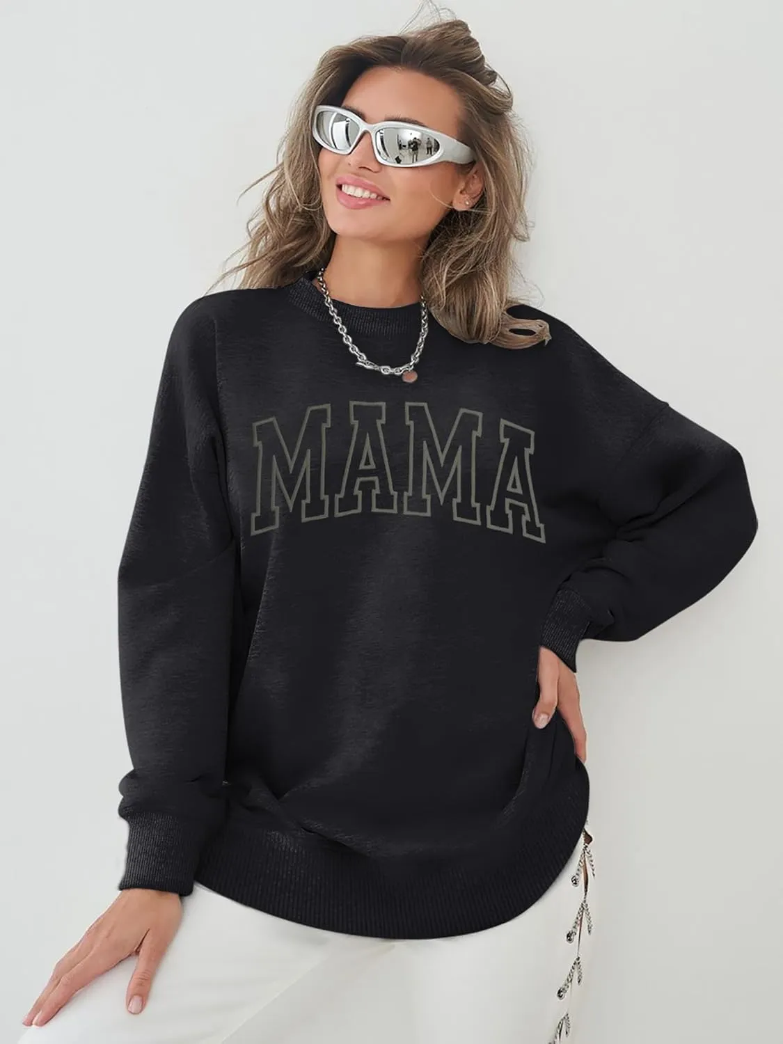 Mama Sweatshirts for Women Embroidered Mama Shirt Oversized Mom Crewneck Pullover Hoodies Long Sleeve