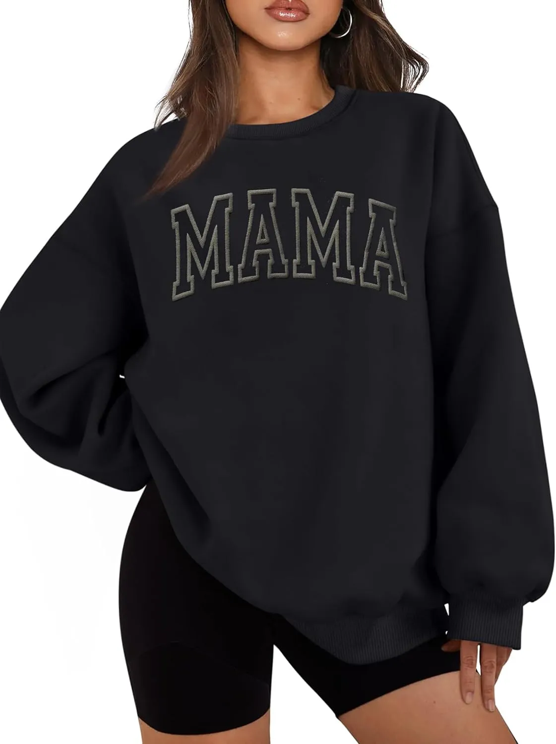 Mama Sweatshirts for Women Embroidered Mama Shirt Oversized Mom Crewneck Pullover Hoodies Long Sleeve