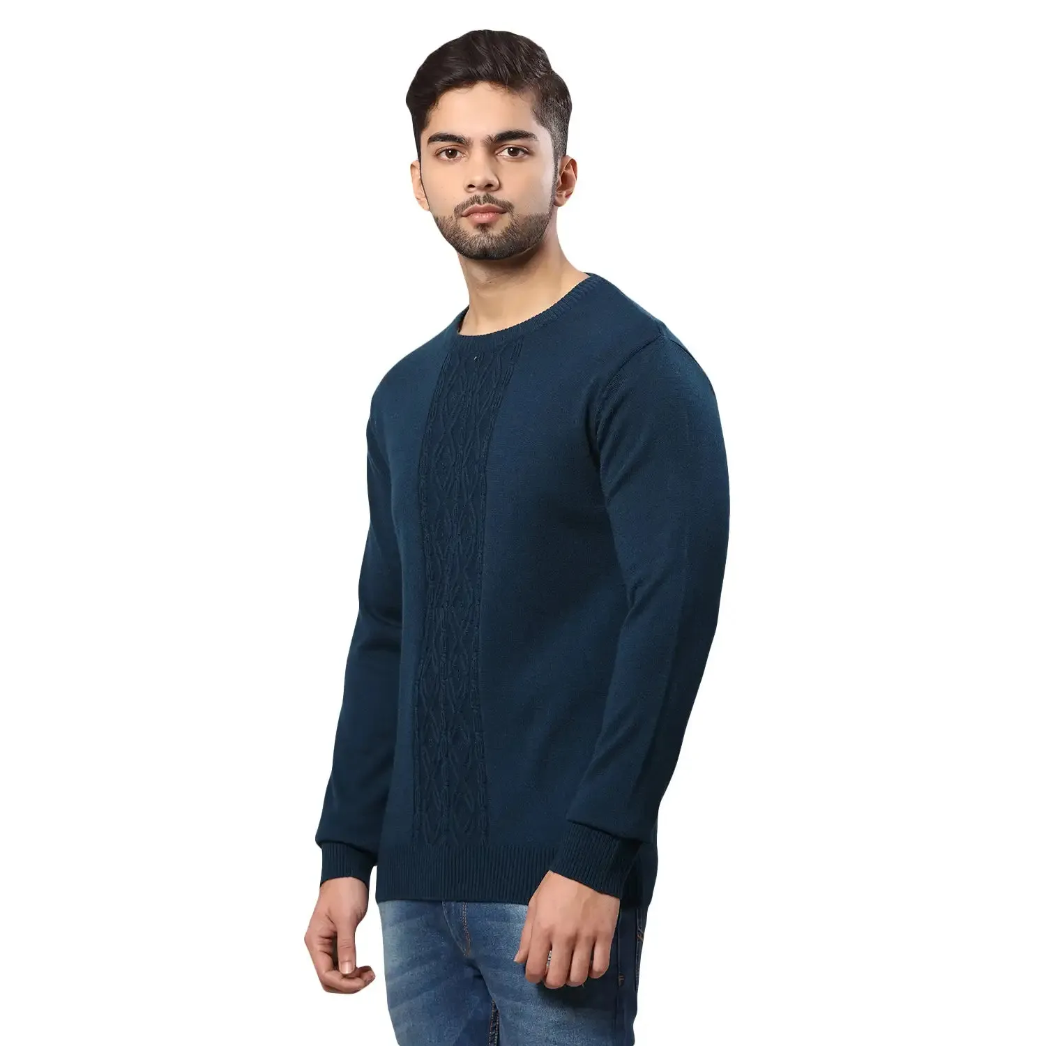 Men Petrol Structure Cable Acrylic Wool Blend Round Collar Sweaters