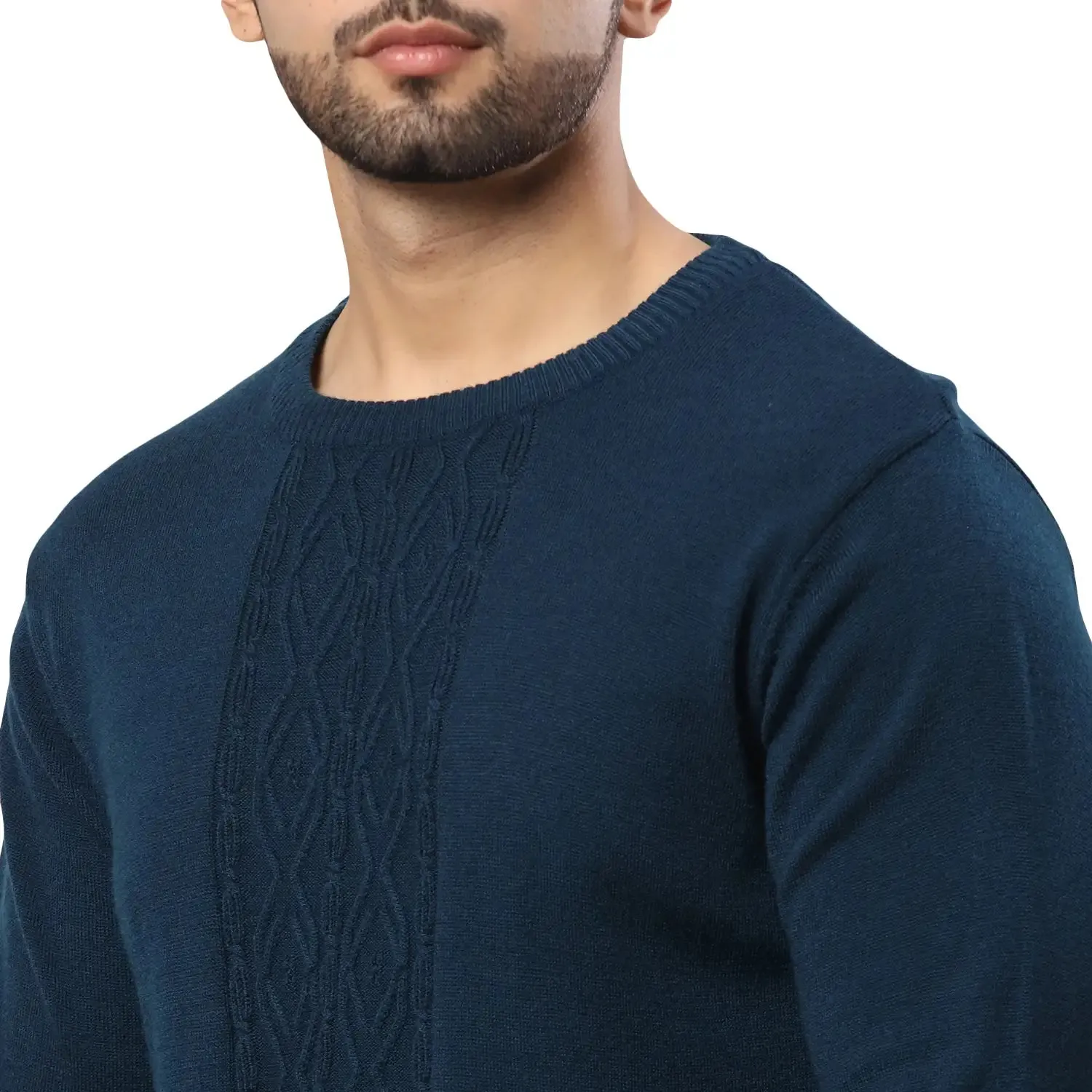 Men Petrol Structure Cable Acrylic Wool Blend Round Collar Sweaters