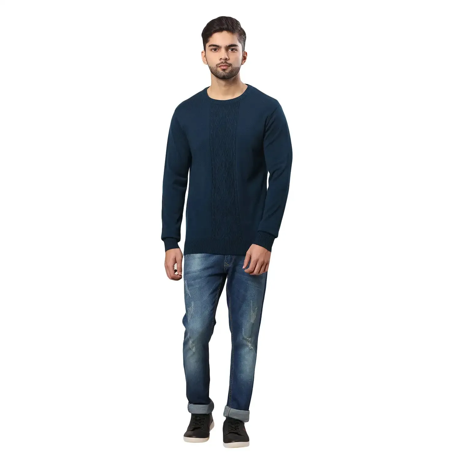 Men Petrol Structure Cable Acrylic Wool Blend Round Collar Sweaters