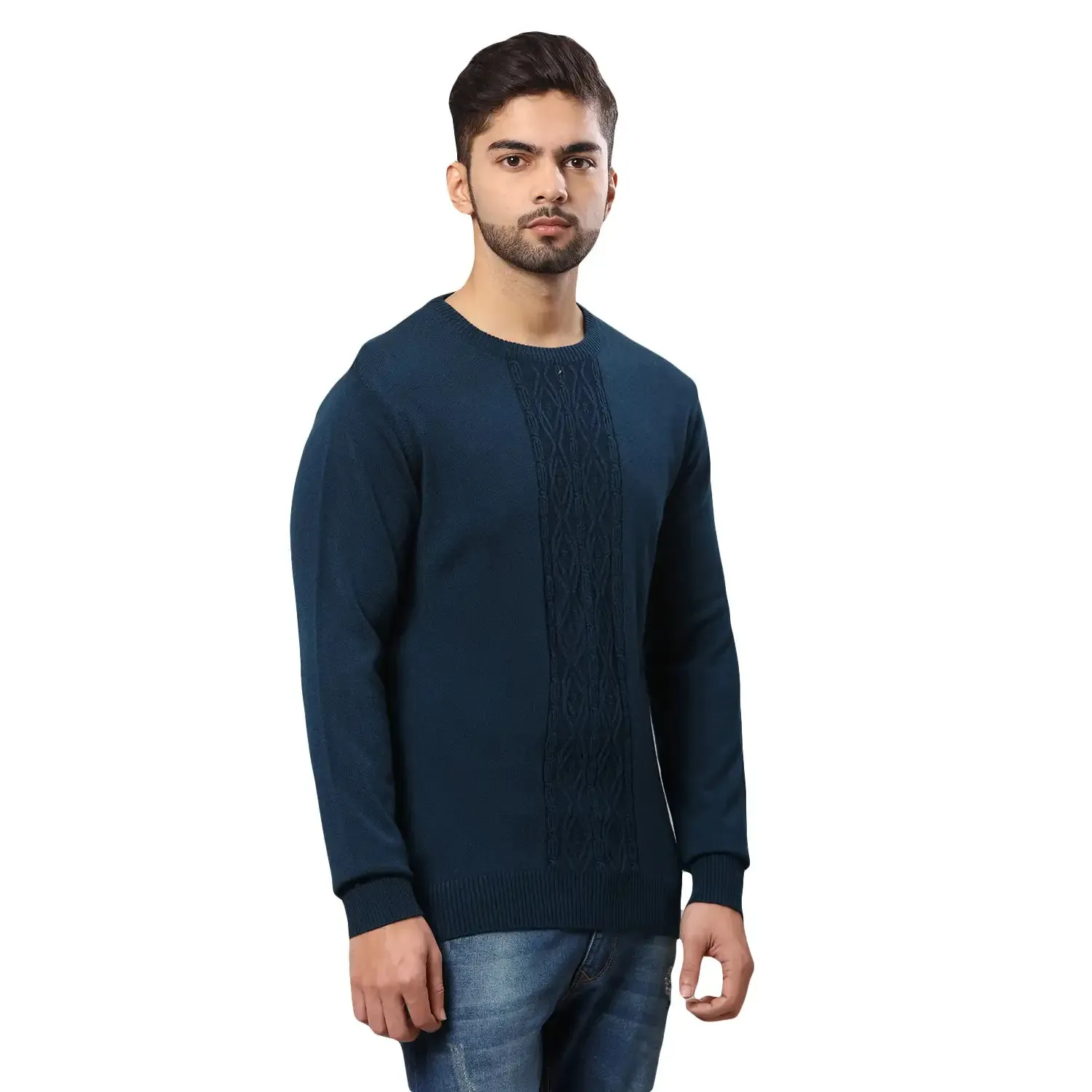 Men Petrol Structure Cable Acrylic Wool Blend Round Collar Sweaters