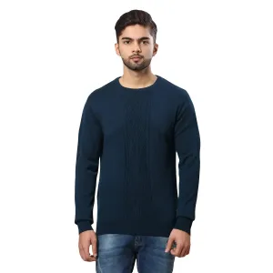 Men Petrol Structure Cable Acrylic Wool Blend Round Collar Sweaters