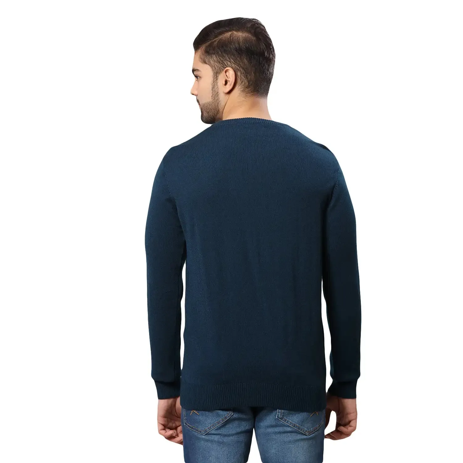Men Petrol Structure Cable Acrylic Wool Blend Round Collar Sweaters