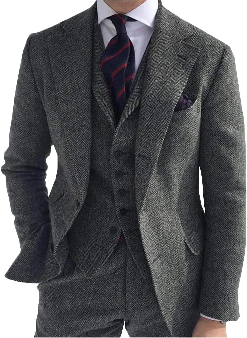 Men's 3 Piece Business Suit Regular Fit Herringbone Groomsmen Tuxedo Wool Jacket Vest & Pants