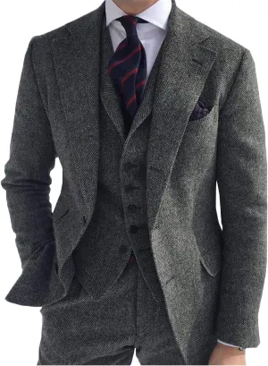 Men's 3 Piece Business Suit Regular Fit Herringbone Groomsmen Tuxedo Wool Jacket Vest & Pants