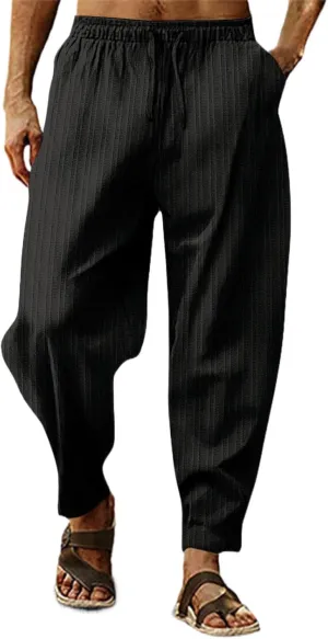 Mens Cotton Linen Pants Elastic Drawstring Waist Trouser Casual Loose Fit Yoga Beach Pants Striped Hip Hop Sports Pants