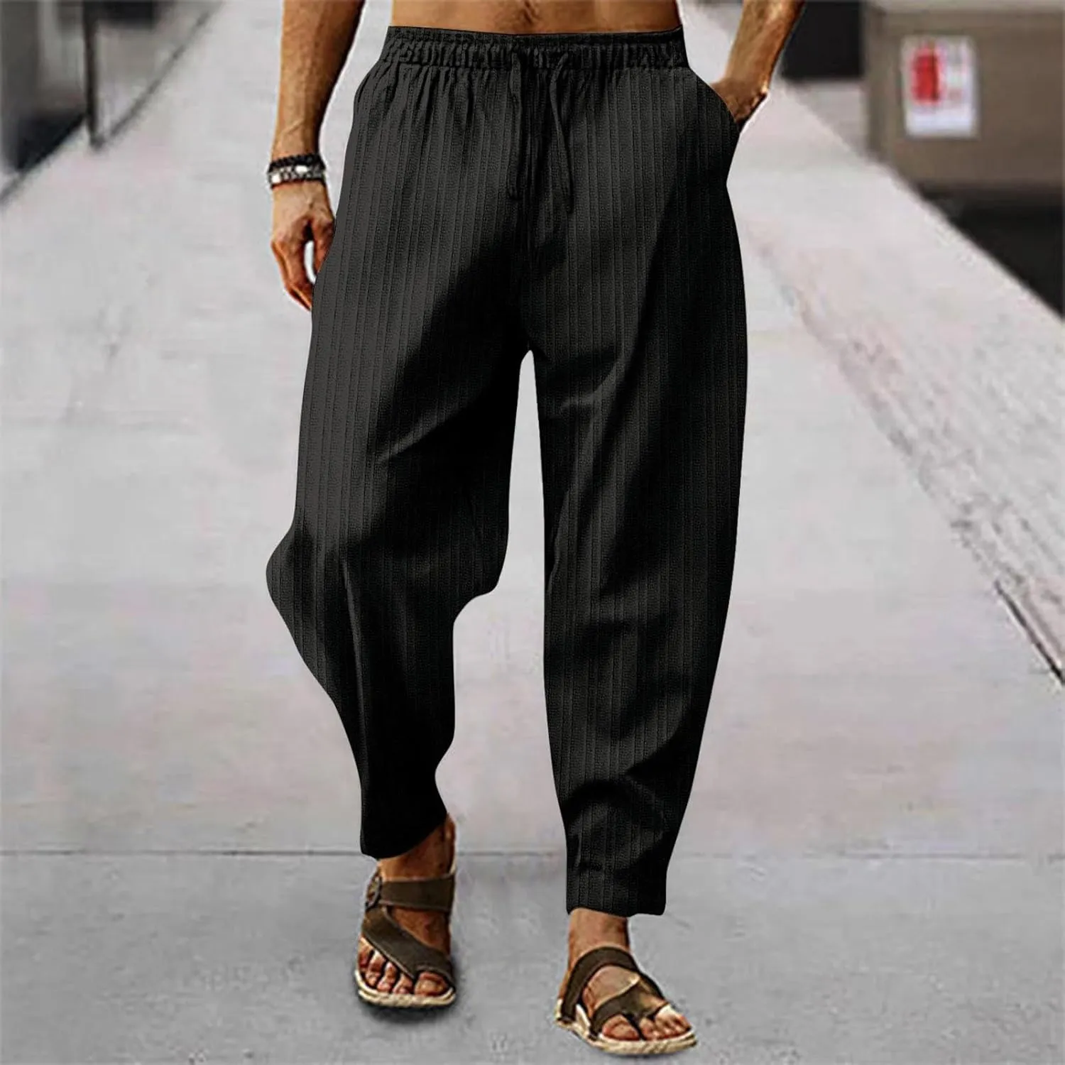 Mens Cotton Linen Pants Elastic Drawstring Waist Trouser Casual Loose Fit Yoga Beach Pants Striped Hip Hop Sports Pants