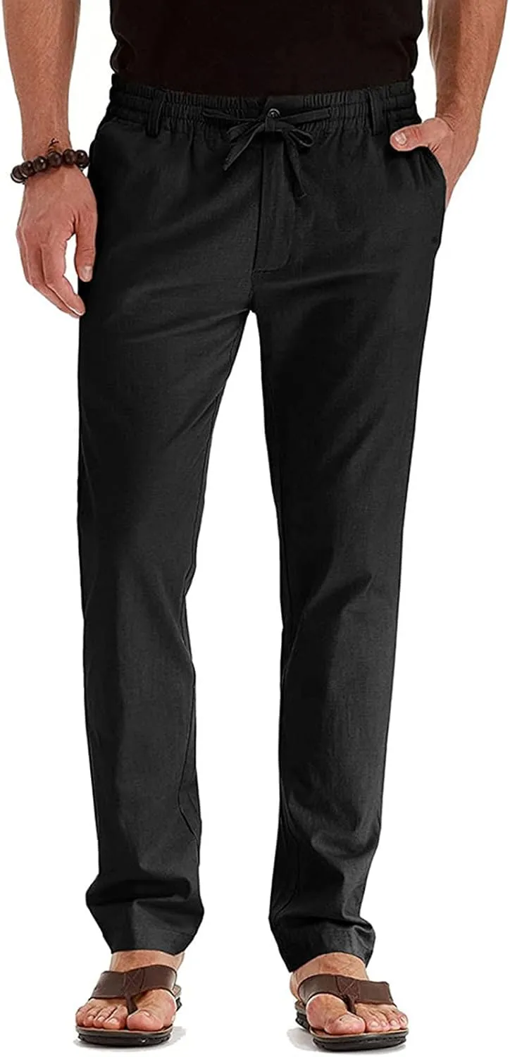 Men's Drawstring Linen Pants Casual Summer Loose Beach Trousers Classic Solid Color Straight-Legs Slim Fit Yoga Pants