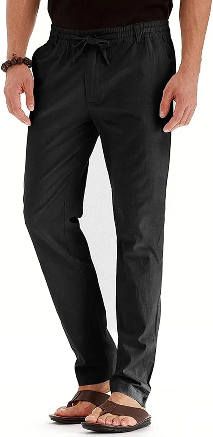 Men's Drawstring Linen Pants Casual Summer Loose Beach Trousers Classic Solid Color Straight-Legs Slim Fit Yoga Pants