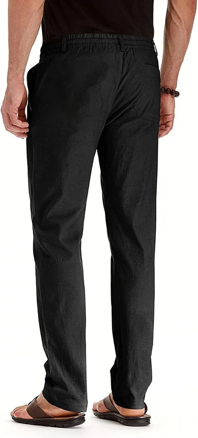 Men's Drawstring Linen Pants Casual Summer Loose Beach Trousers Classic Solid Color Straight-Legs Slim Fit Yoga Pants