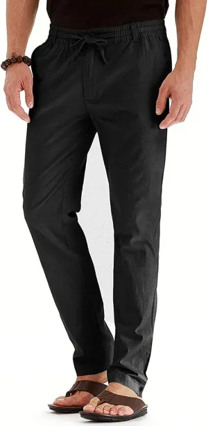 Men's Drawstring Linen Pants Casual Summer Loose Beach Trousers Classic Solid Color Straight-Legs Slim Fit Yoga Pants