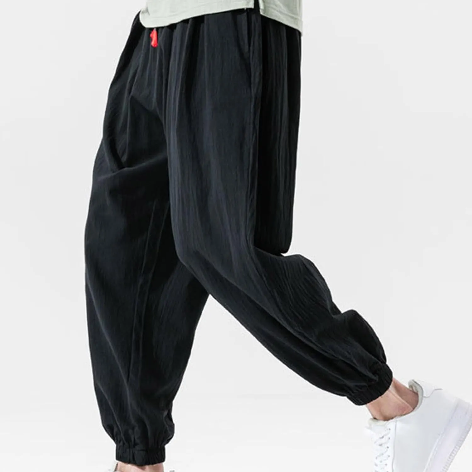 Mens Harem Pants Cotton Linen Elastic Waist Loose Casual Trousers Outdoor Baggy Trendy Joggers with Pockets