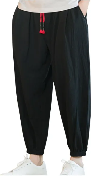 Mens Harem Pants Cotton Linen Elastic Waist Loose Casual Trousers Outdoor Baggy Trendy Joggers with Pockets