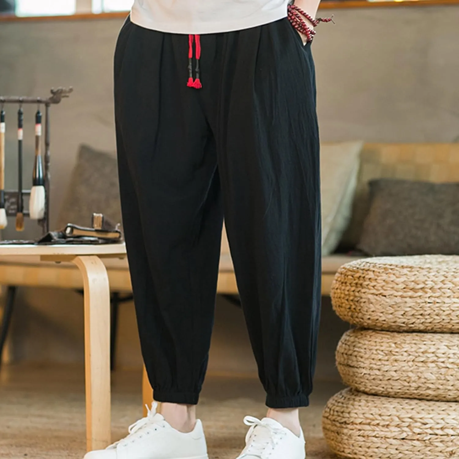 Mens Harem Pants Cotton Linen Elastic Waist Loose Casual Trousers Outdoor Baggy Trendy Joggers with Pockets