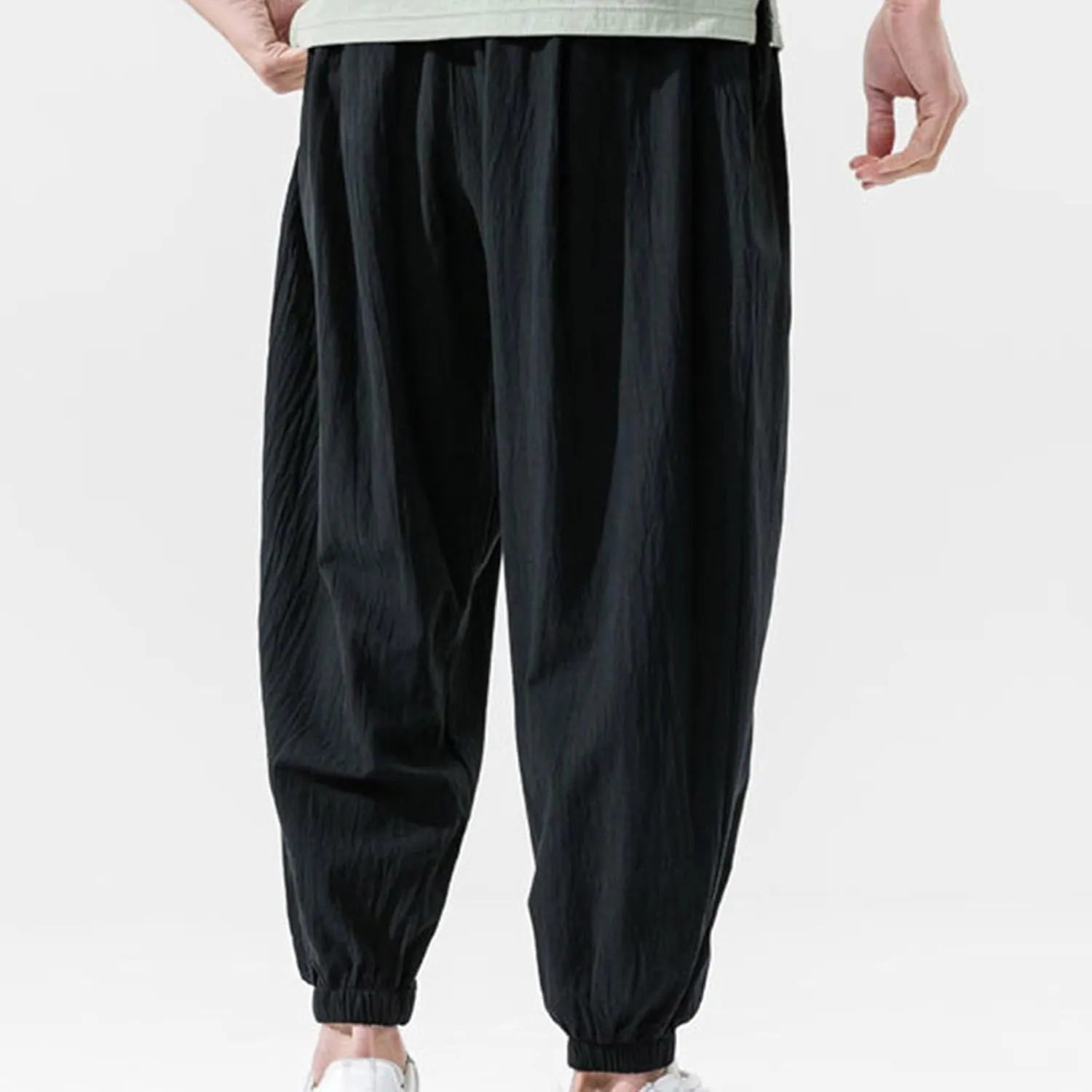 Mens Harem Pants Cotton Linen Elastic Waist Loose Casual Trousers Outdoor Baggy Trendy Joggers with Pockets