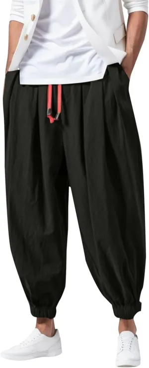 Men's Linen Harem Pants Baggy Hippie Casual Pants Stretchy Waist Drop Crotch Comfy Joggers Trousers with Pocket 2025