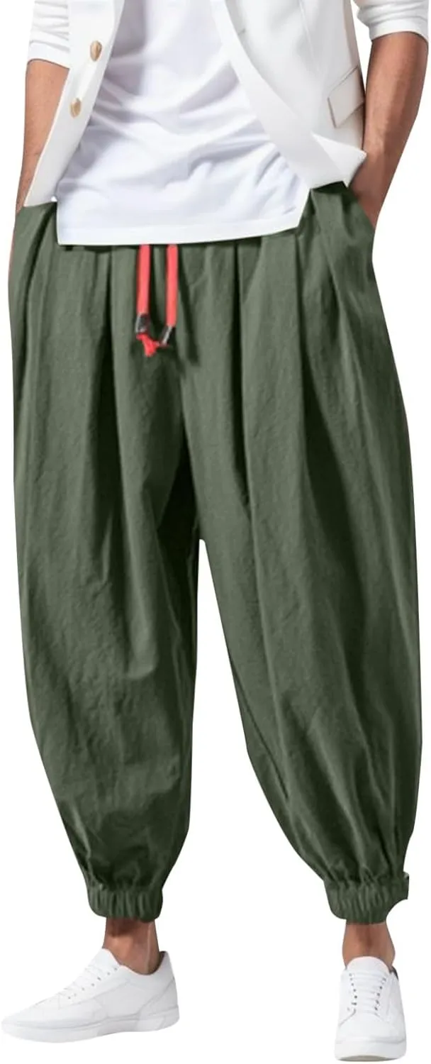 Men's Linen Harem Pants Baggy Hippie Casual Pants Stretchy Waist Drop Crotch Comfy Joggers Trousers with Pocket 2025