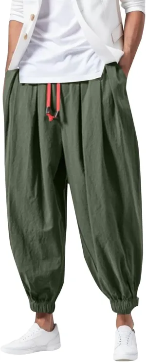 Men's Linen Harem Pants Baggy Hippie Casual Pants Stretchy Waist Drop Crotch Comfy Joggers Trousers with Pocket 2025