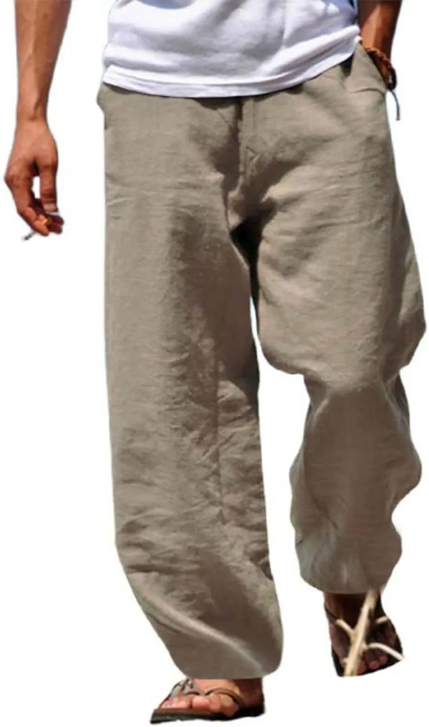 Men's Linen Pants Summer Beach Pant Casual Solid Drawstring Yoga Pants Trousers
