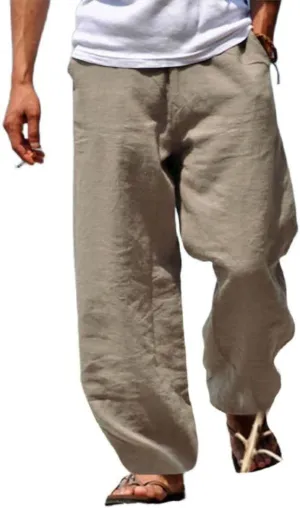 Men's Linen Pants Summer Beach Pant Casual Solid Drawstring Yoga Pants Trousers