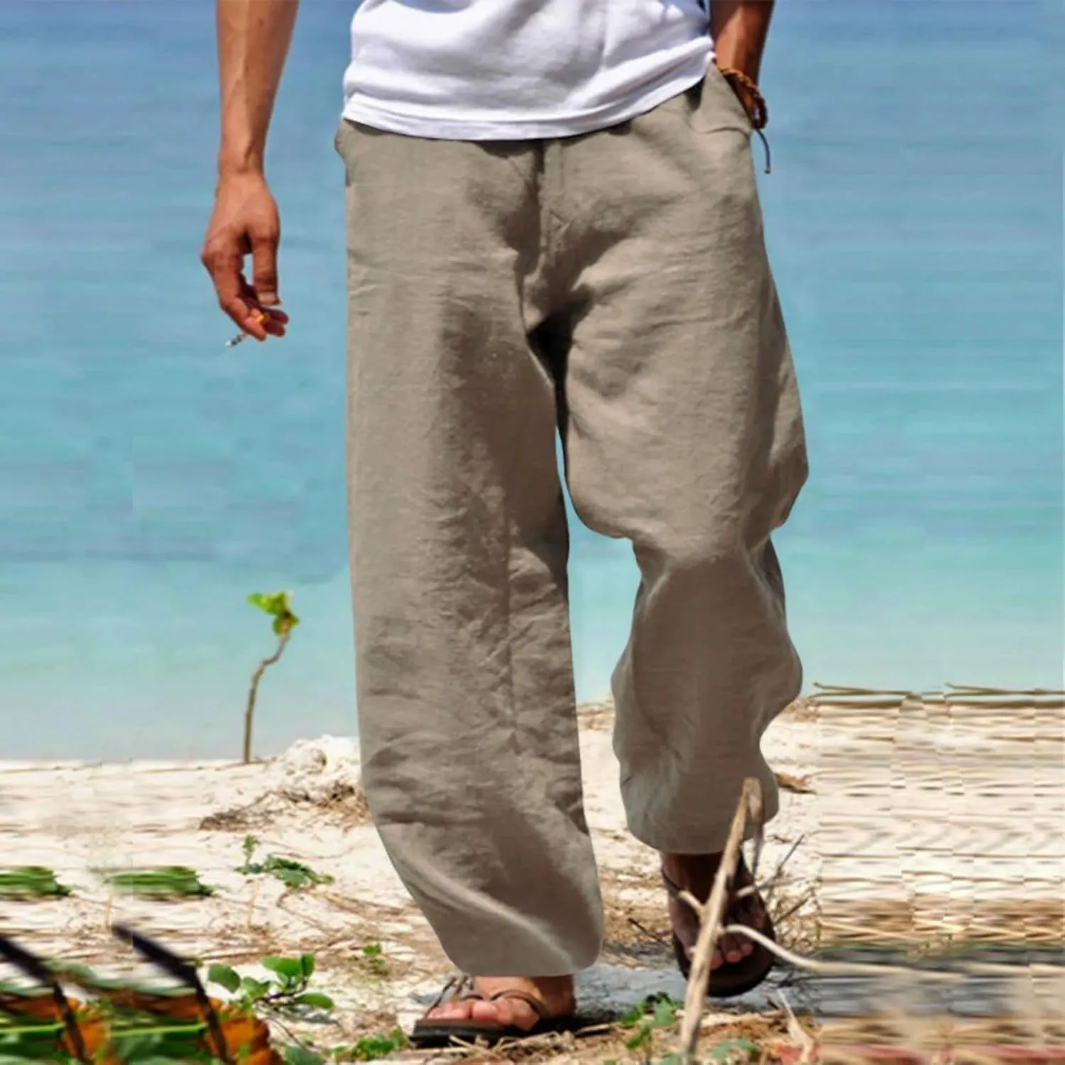 Men's Linen Pants Summer Beach Pant Casual Solid Drawstring Yoga Pants Trousers