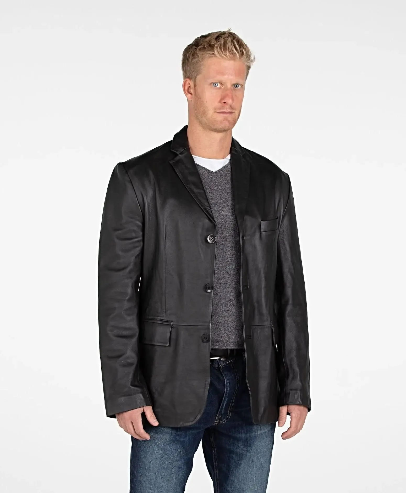 Men's Premium Lambskin Leather Blazer with Timeless Three-Button Design