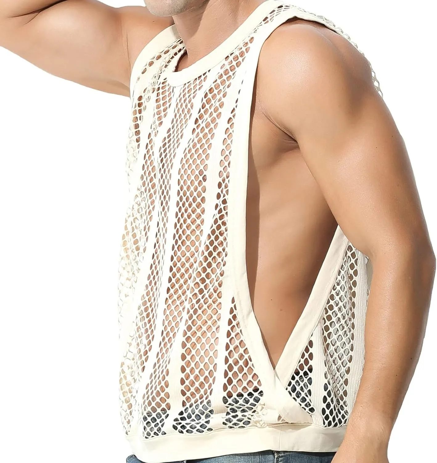 Mens See Through Tank Tops Sleeveless Stripe Mesh Fitted Muscle Shirts with Large Side Split Hollow Out Sheer Undershirts
