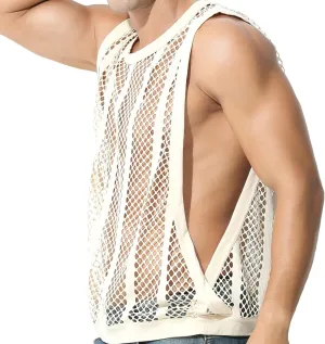 Mens See Through Tank Tops Sleeveless Stripe Mesh Fitted Muscle Shirts with Large Side Split Hollow Out Sheer Undershirts
