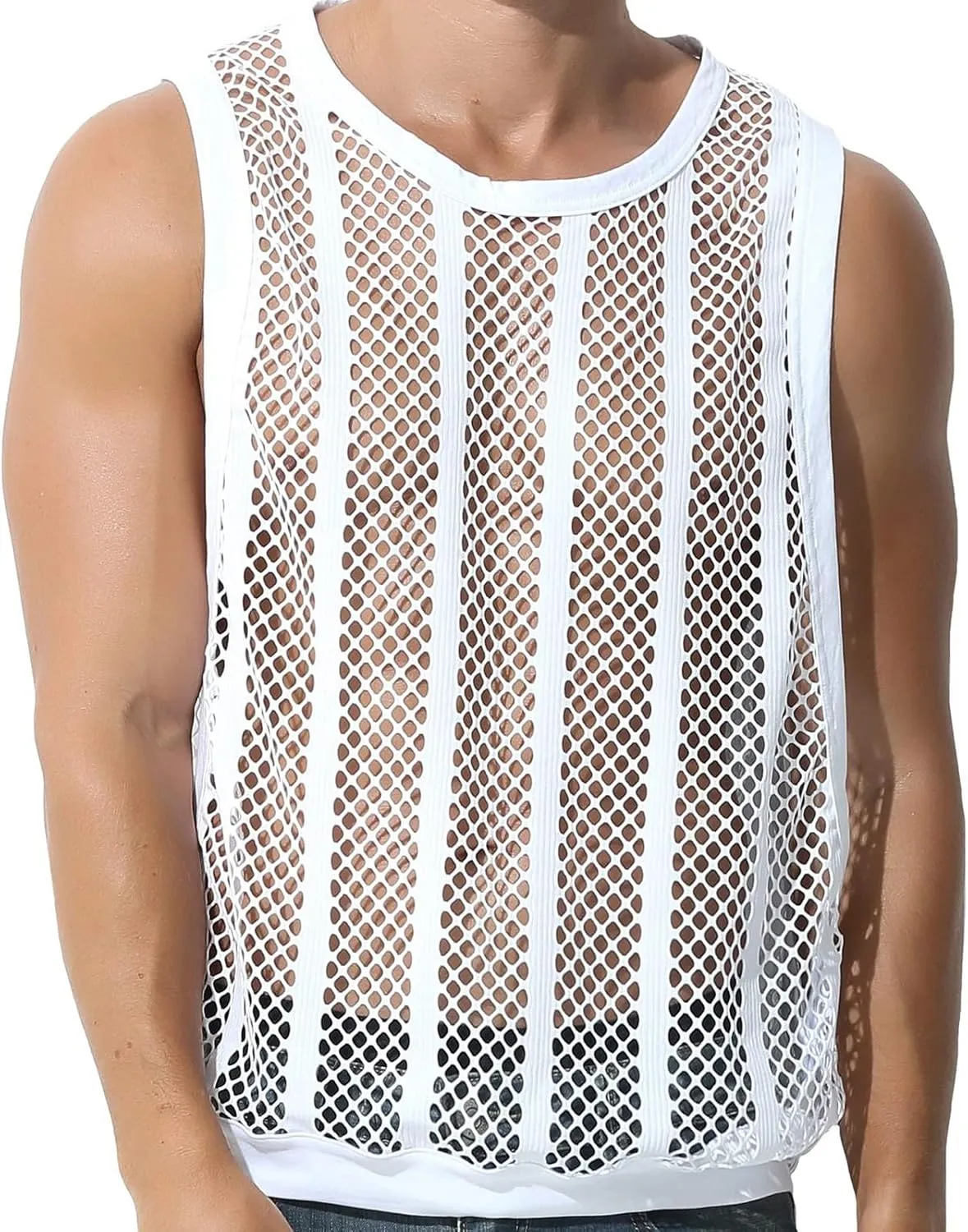 Mens See Through Tank Tops Sleeveless Stripe Mesh Fitted Muscle Shirts with Large Side Split Hollow Out Sheer Undershirts